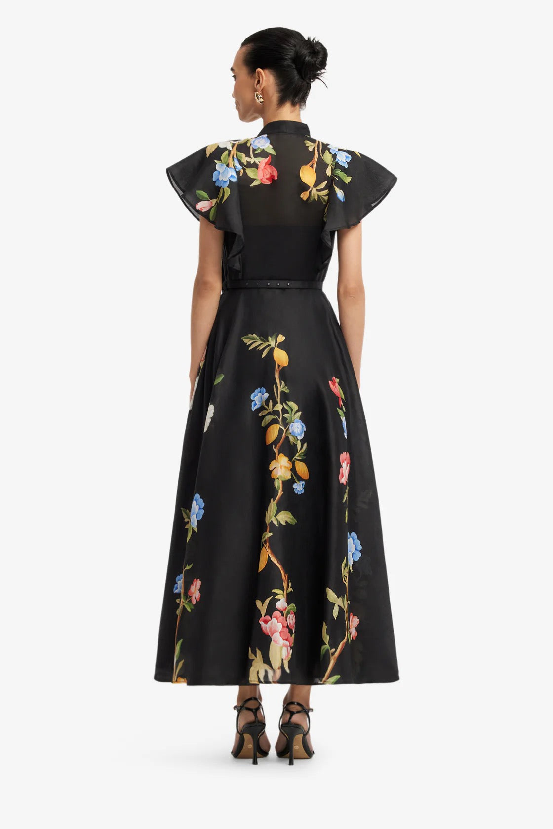 Leo Lin Elsie Flutter Sleeve Midi Dress - Lemon Vine Print in Ebony