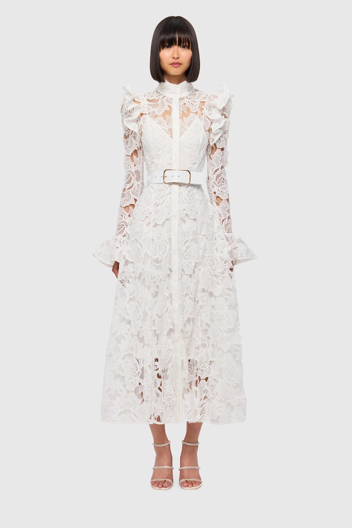 leo lin aliyah lace butterfly sleeve midi dress in snow Leo Lin - Aliyah Lace Butterfly Dress, Snow