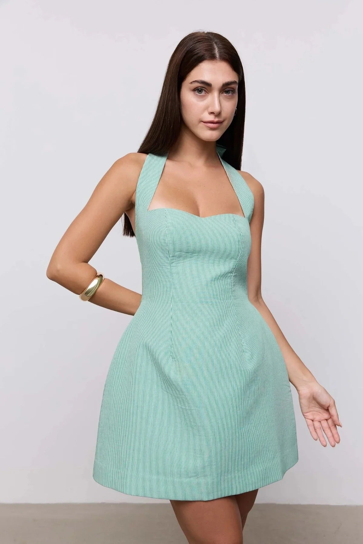 Odd Muse Cotton Mix Pinstripe Mini Dress - Green Pinstripe