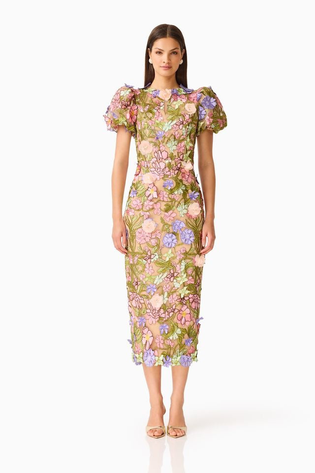 Elliatt Fiora Puff Sleeve Midi Dress - Green Multi