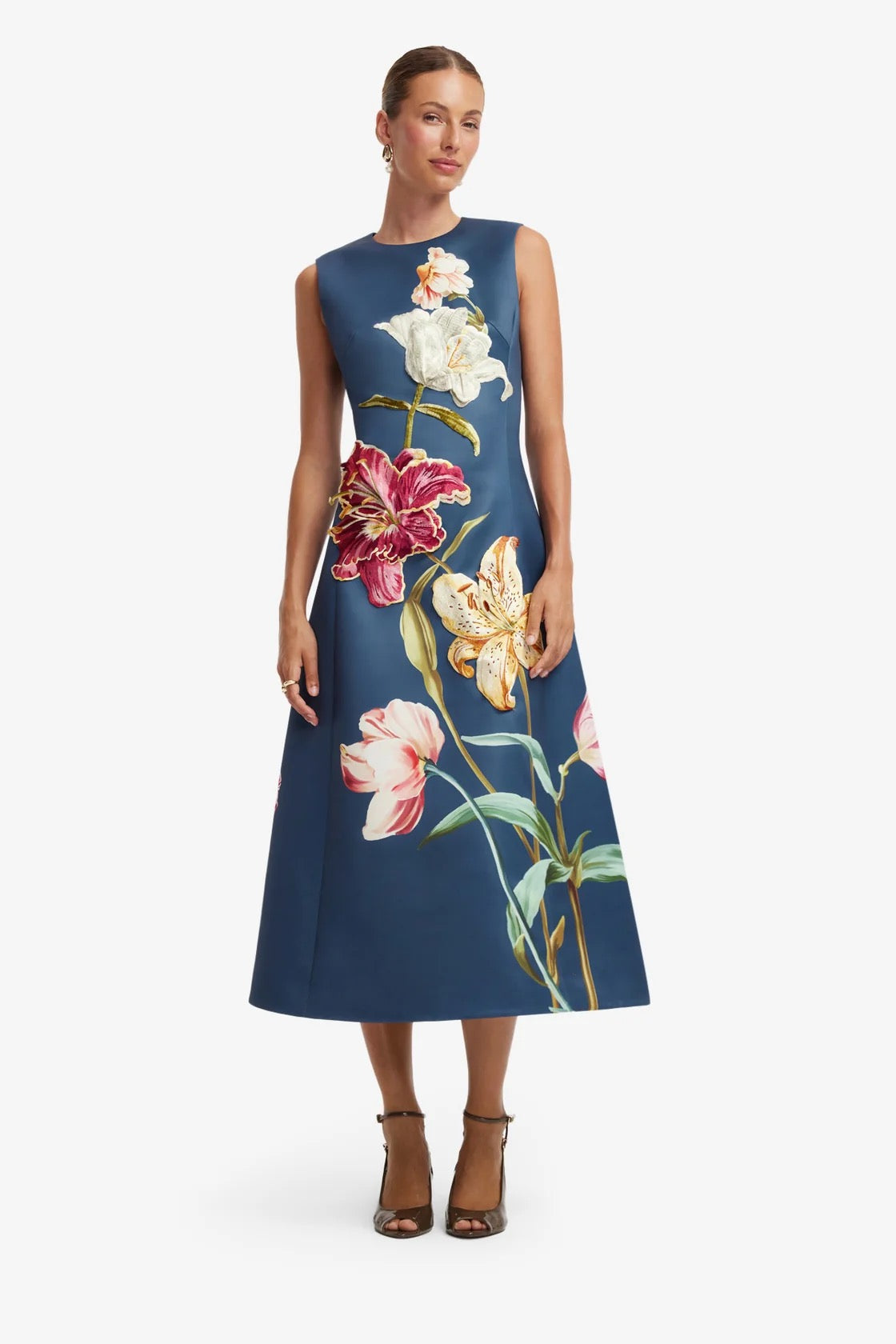 Leo Lin Cleo Embroidered Sleeveless Midi Dress - Lily Print in Indigo