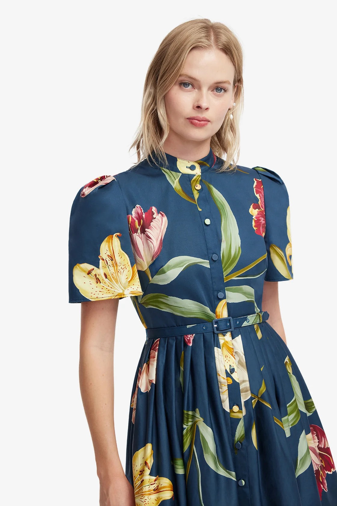Leo Lin Bianca Short Sleeve Midi Dress - Lily Print in Indigo
