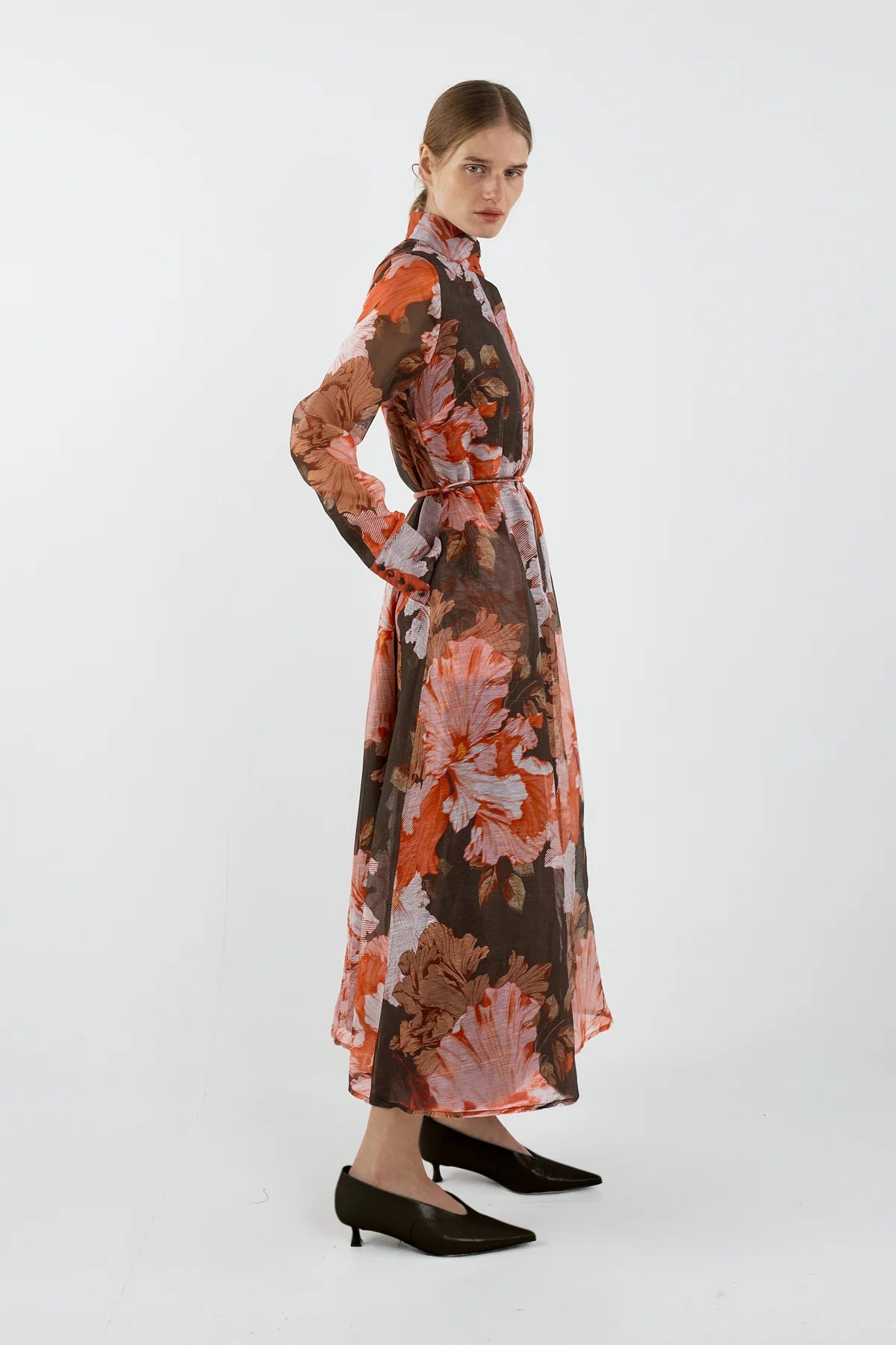 Sofia Irina Iris Bell Sleeve Shirt Dress - Chocolate & Pink Floral