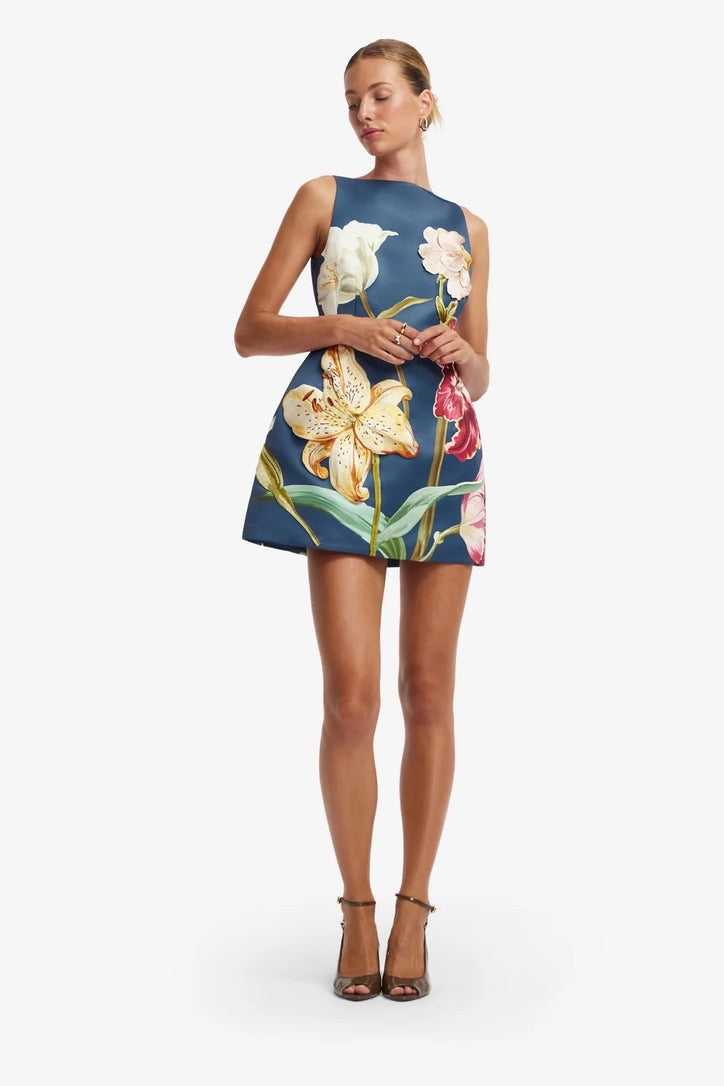 Leo Lin Ali Embroidered Mini Dress - Lily Print in Indigo