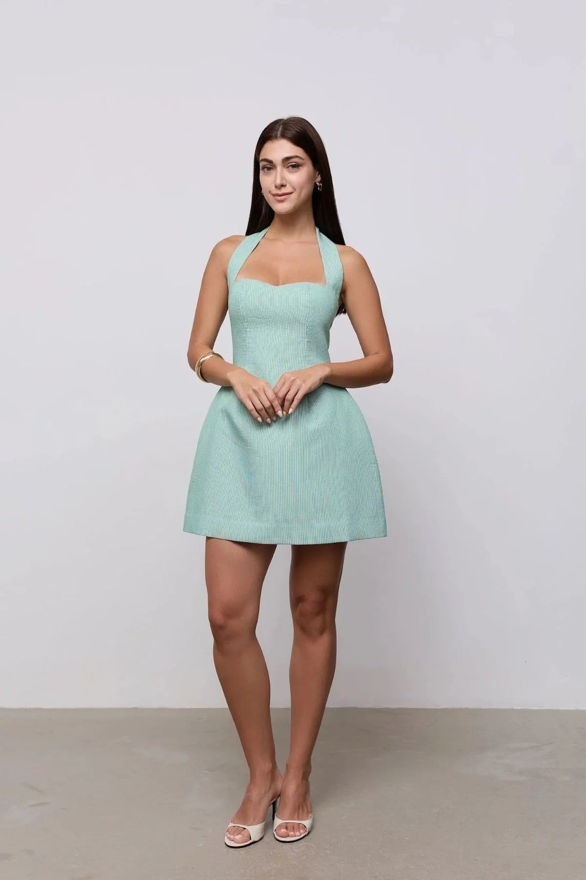 Odd Muse Cotton Mix Pinstripe Mini Dress - Green Pinstripe