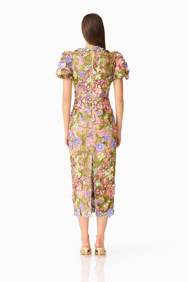 Elliatt Fiora Puff Sleeve Midi Dress - Green Multi