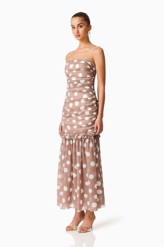 Elliatt Sola Polka Dot Strapless Gown - Brown & White