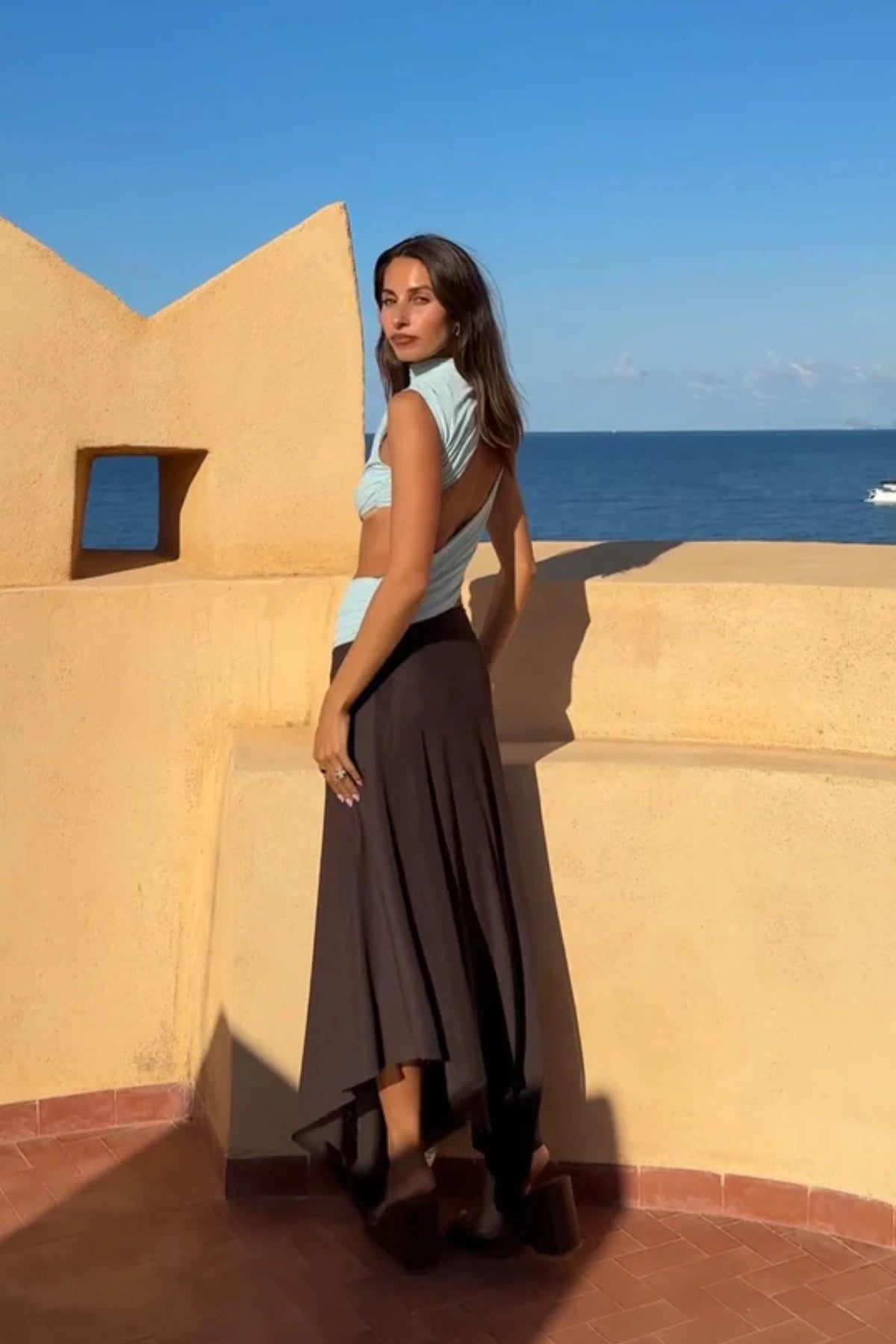 Bec & Bridge Conni Asym Midi Dress - Arctic Blue/Dark Choc - Dress Hire AU Bec & Bridge Conni Asym Midi Dress - Arctic Blue/Dark Choc - Dress Hire AU