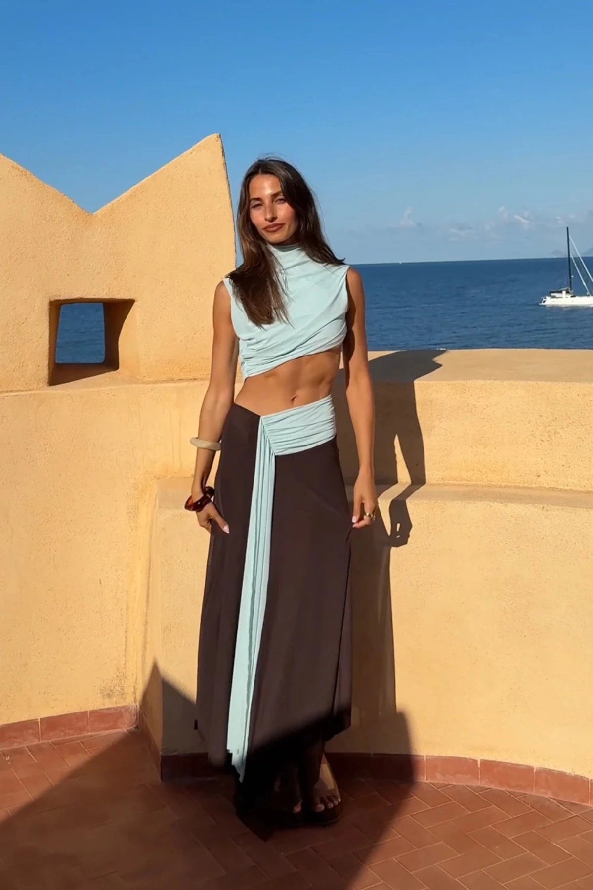 Bec & Bridge Conni Asym Midi Dress - Arctic Blue/Dark Choc - Dress Hire AU Bec & Bridge Conni Asym Midi Dress - Arctic Blue/Dark Choc - Dress Hire AU