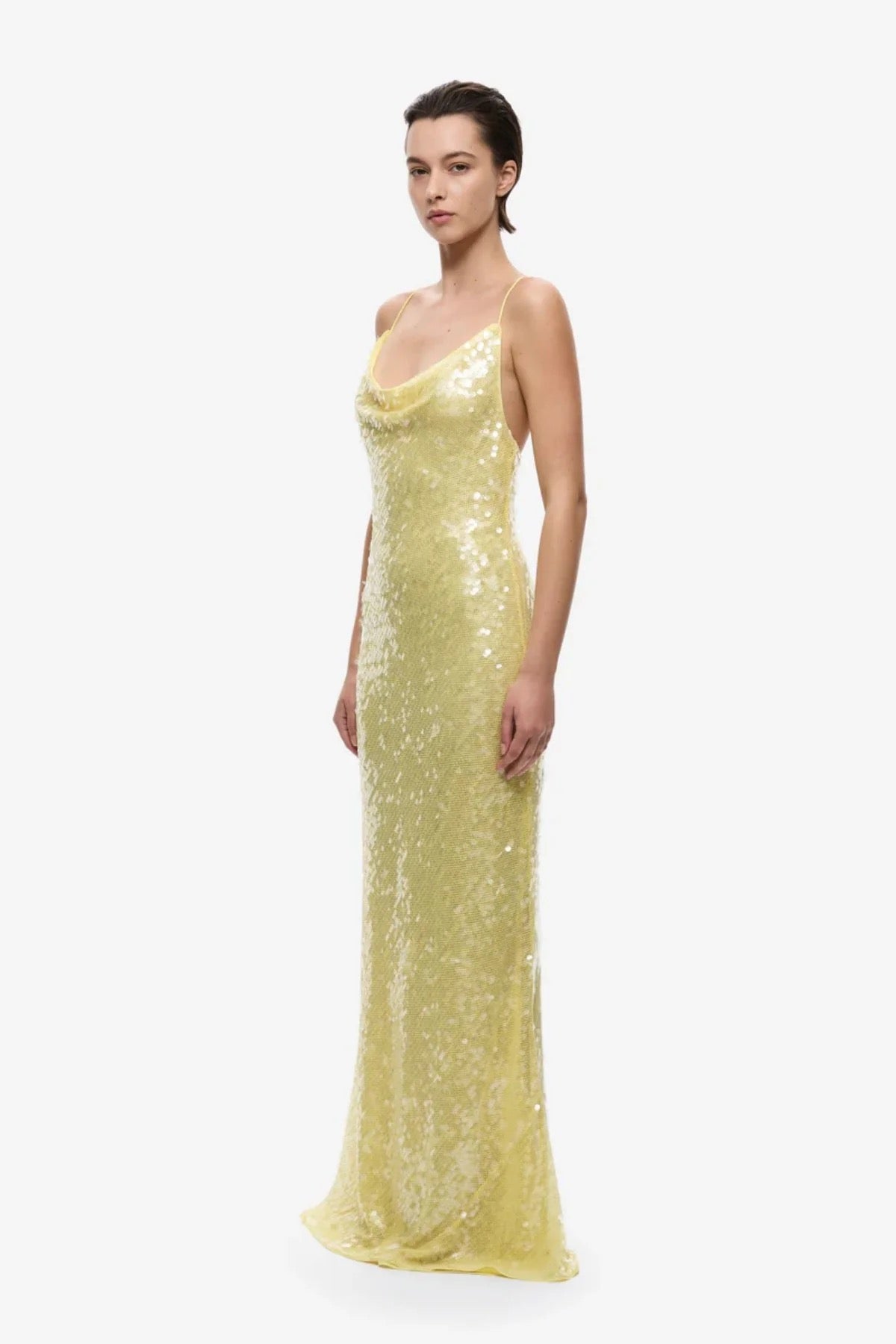 misha collection gold dress The Devon Sequin Dress Mustard Gold Maxi Dresses