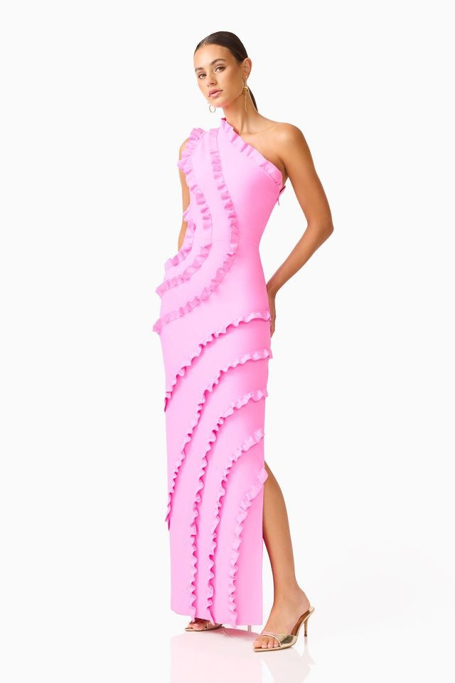 Elliatt Orelia Asymmetrical Ruffle Gown - Candy Pink
