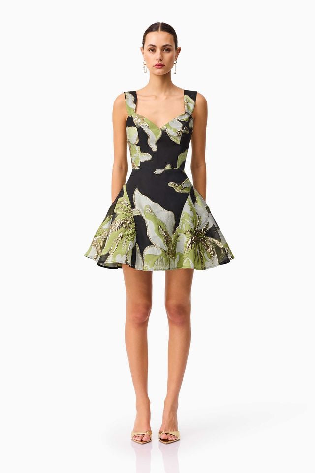 Elliatt Elysia A Line Mini Dress - Black & Green Floral