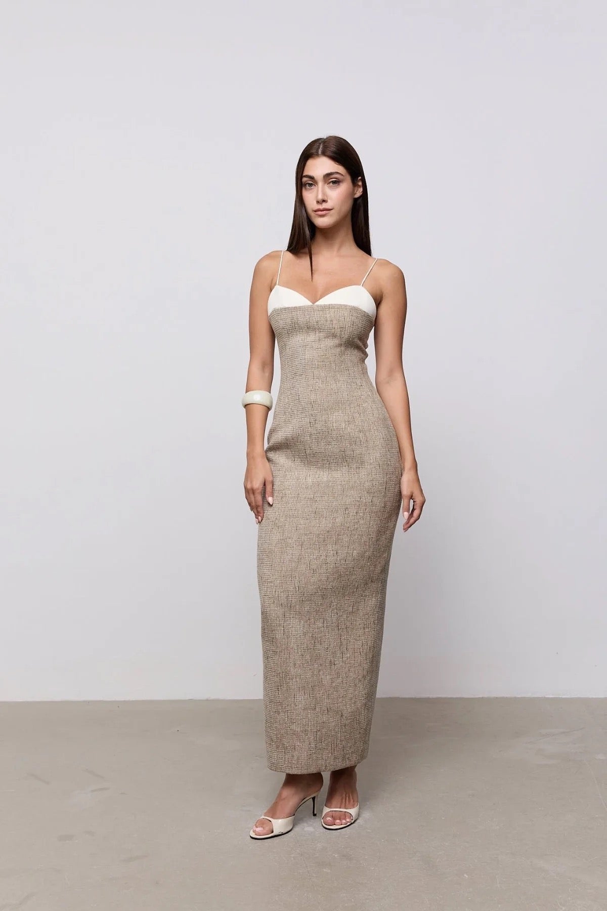 Odd Muse Tweed Contrast Detail Midi Dress - Ecru & Beige