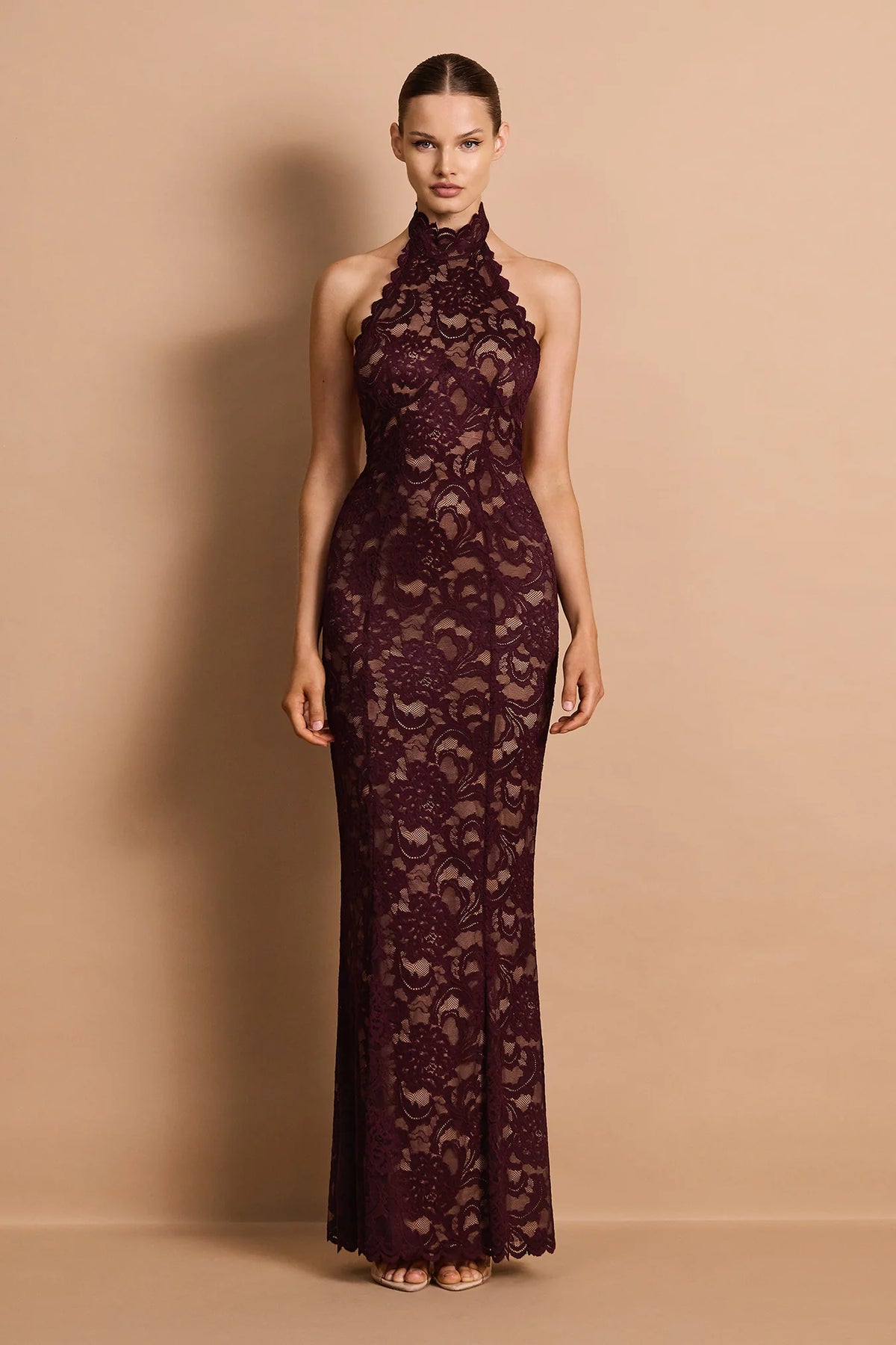 Nookie Delphine Lace Halter Gown - Wine