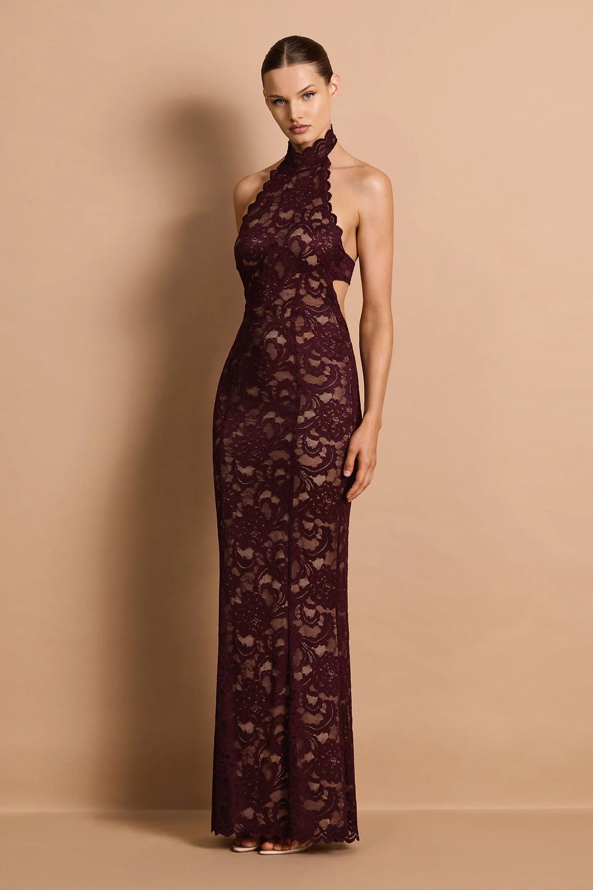 Nookie Delphine Lace Halter Gown - Wine