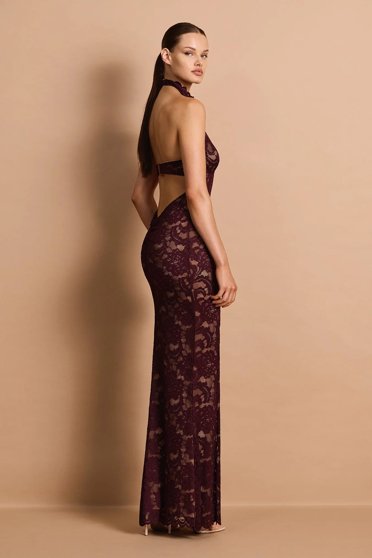 Nookie Delphine Lace Halter Gown - Wine