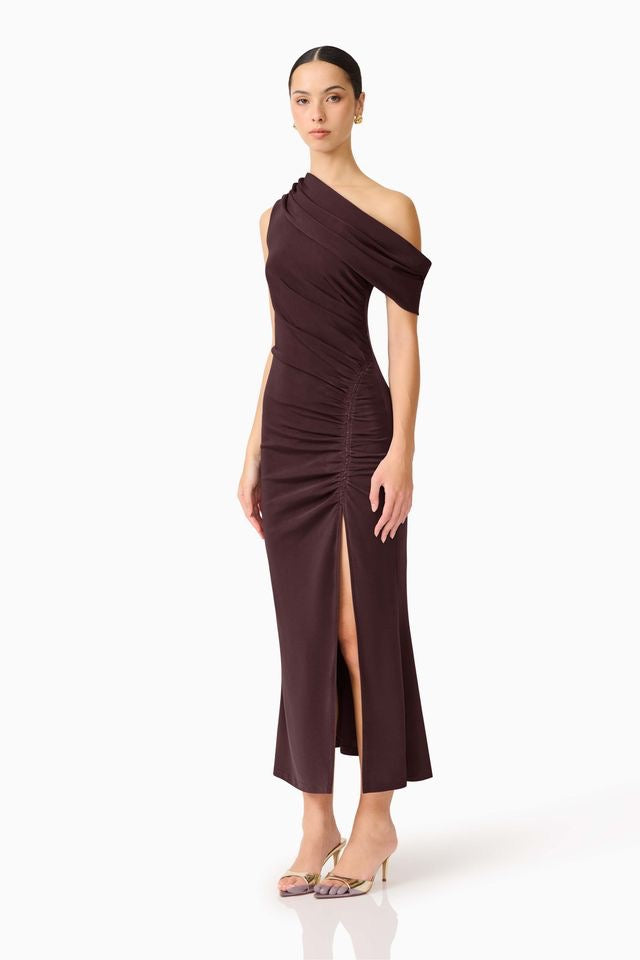 Elliatt Simone One Shoulder Maxi Dress - Chocolate Brown