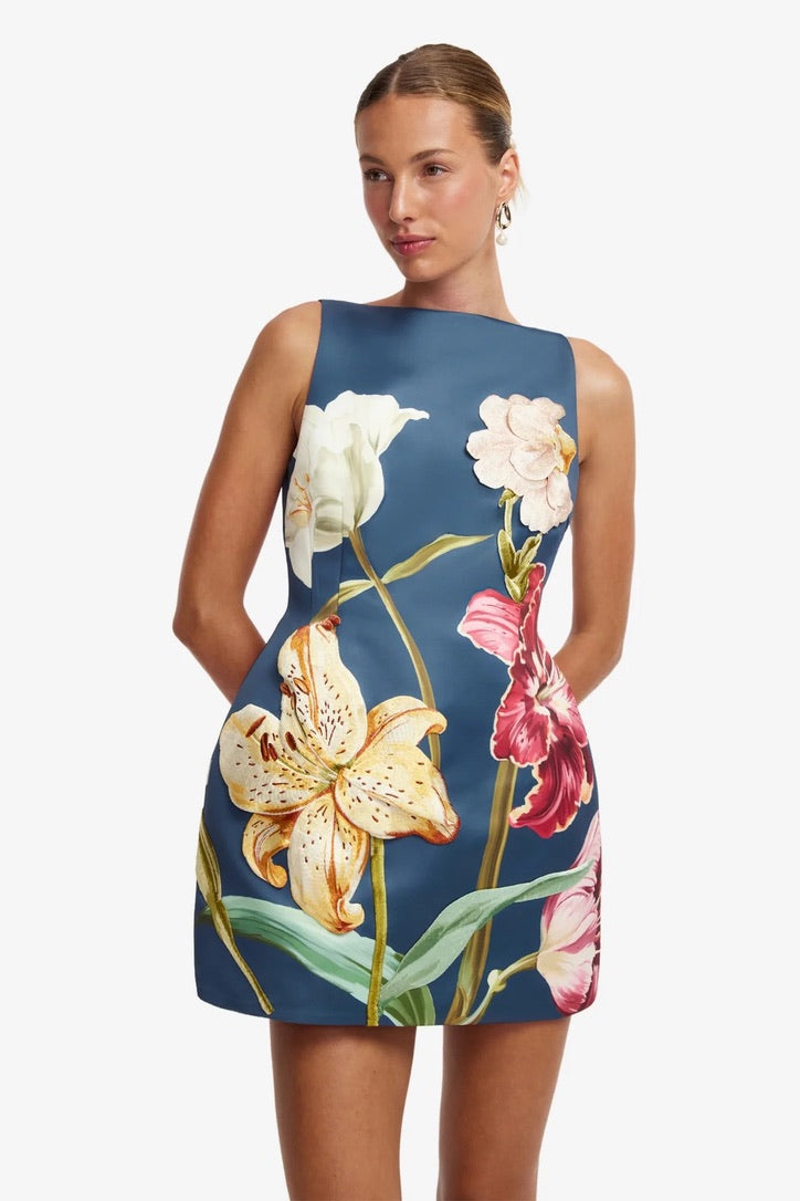 Leo Lin Ali Embroidered Mini Dress - Lily Print in Indigo