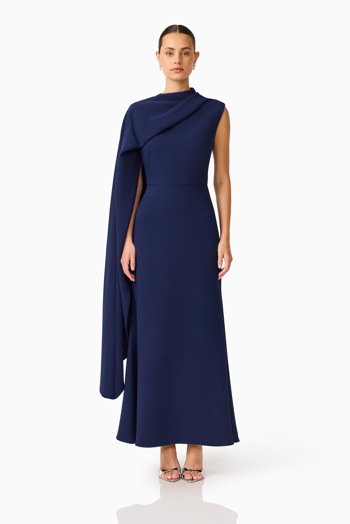 Elliatt Leonara Asymmetric Cape Maxi Dress - Navy