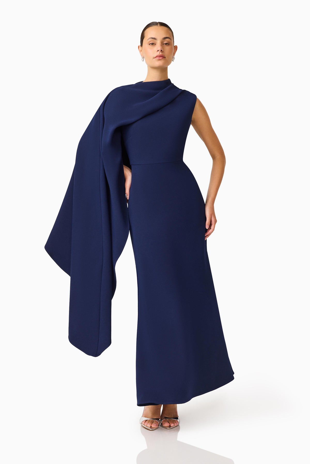 Elliatt Leonara Asymmetric Cape Maxi Dress - Navy
