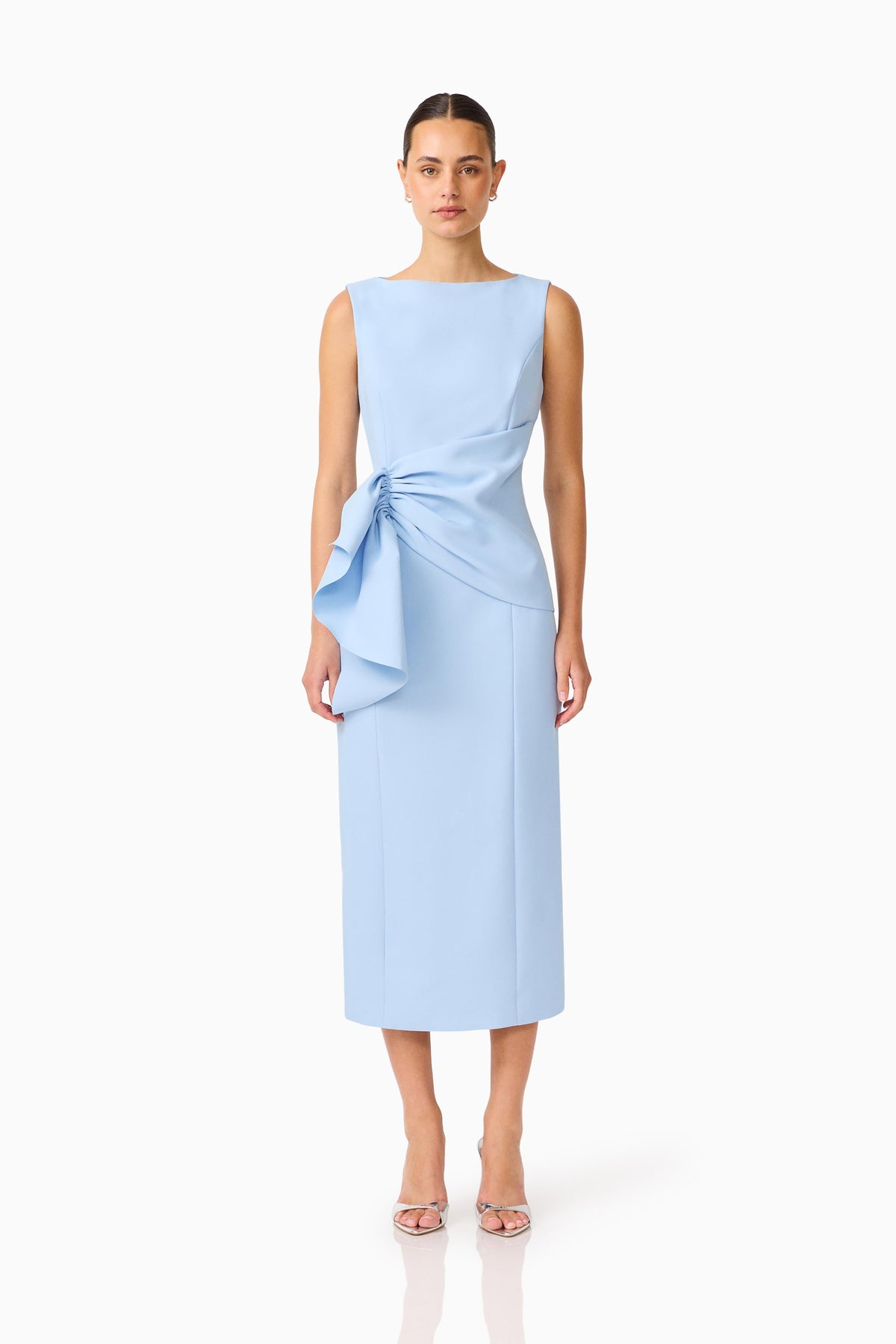 Elliatt Liora Draped Ruffle Column Midi Dress - Sky Blue