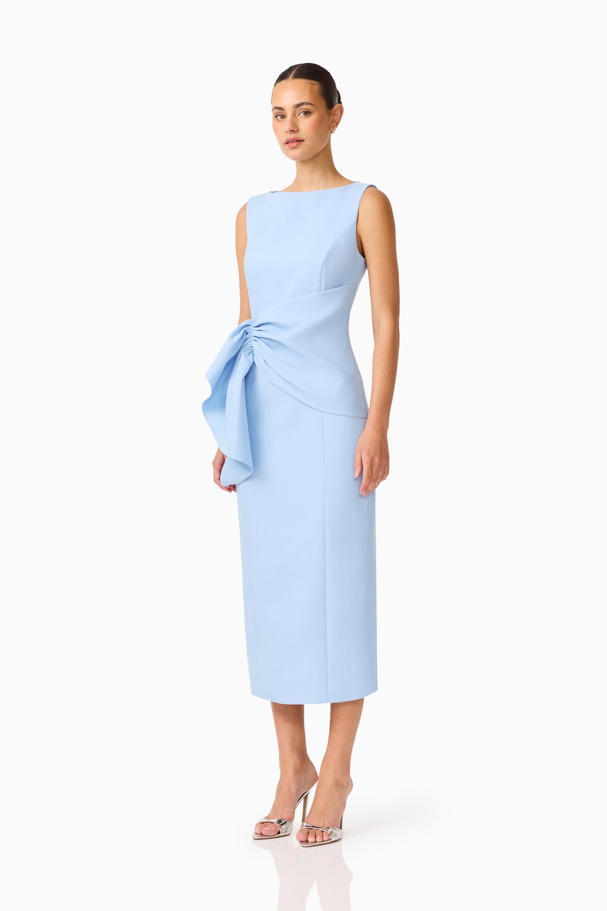 Elliatt Liora Draped Ruffle Column Midi Dress - Sky Blue