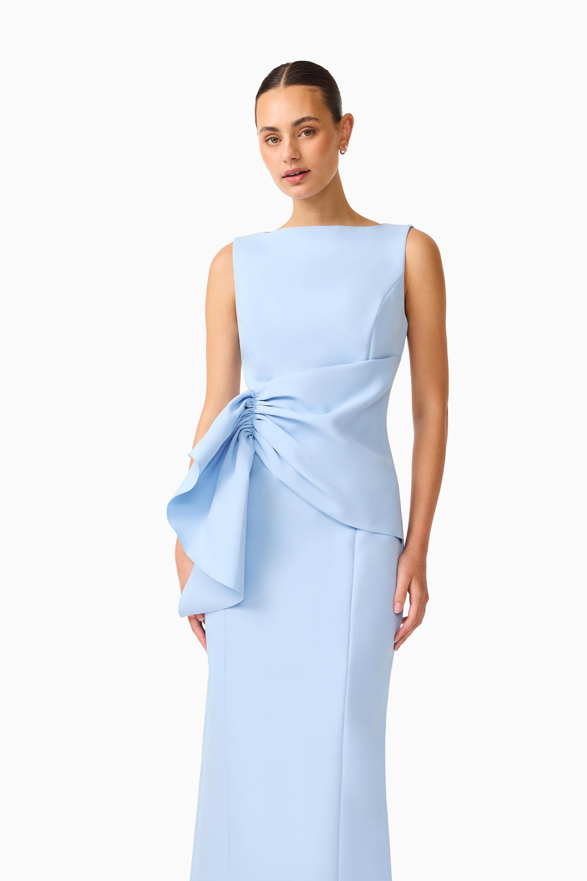 Elliatt Liora Draped Ruffle Column Midi Dress - Sky Blue