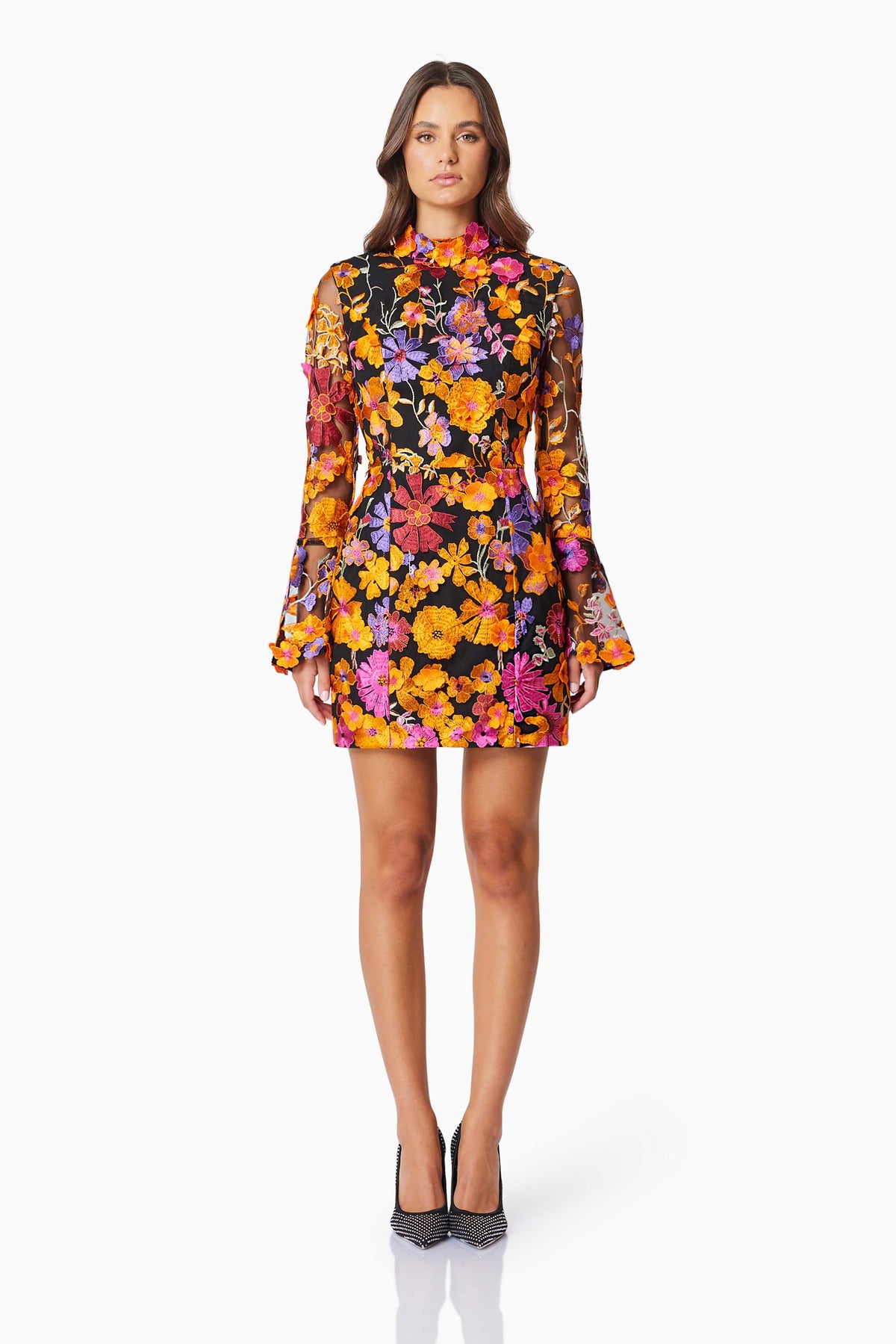 Elliatt Alessandra Long Sleeve Mini Dress - Orange Multi - Dress Hire AU