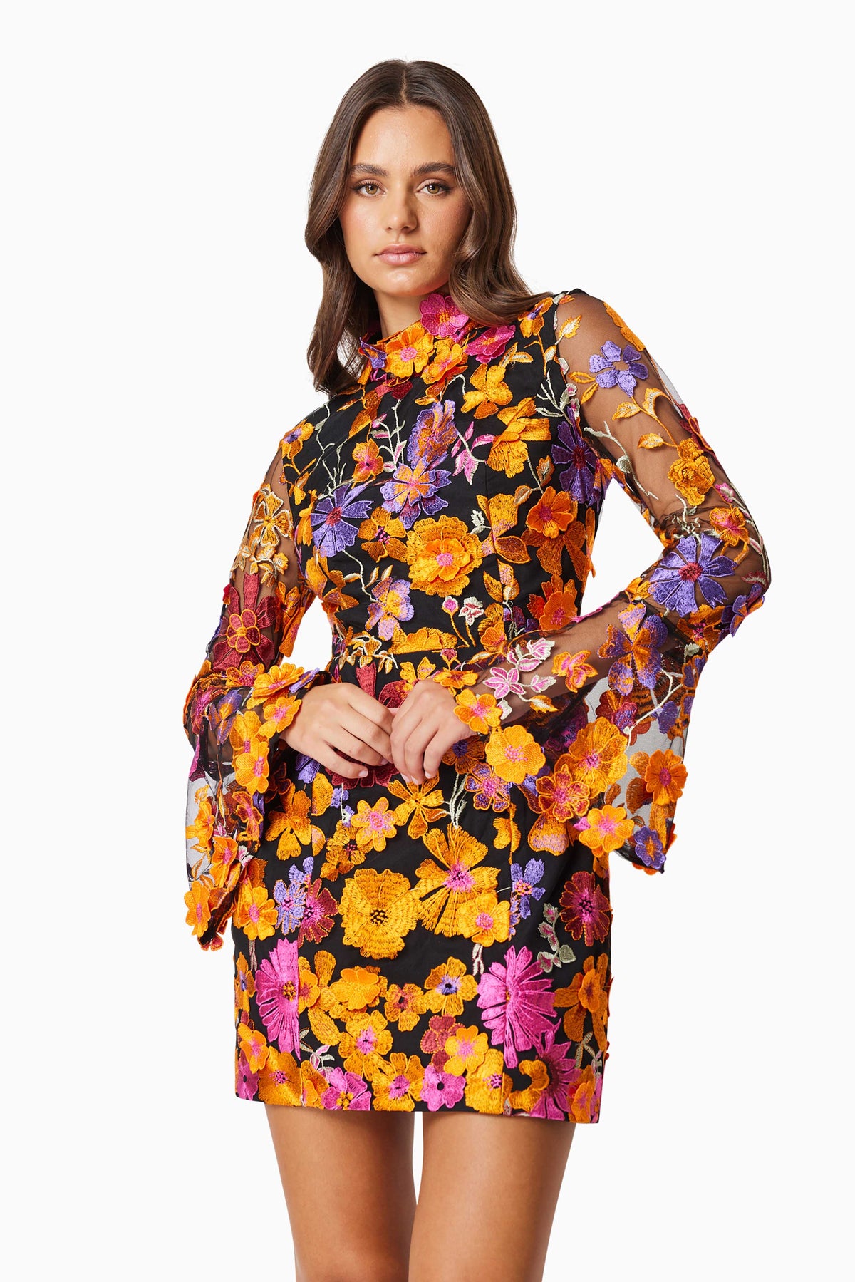 Elliatt Alessandra Long Sleeve Mini Dress - Orange Multi