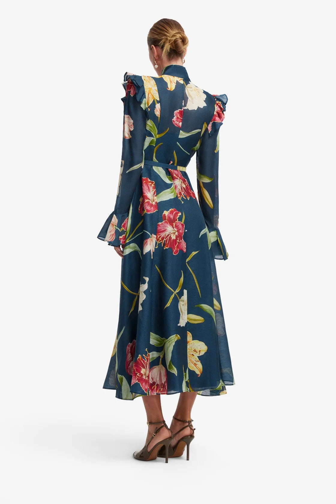 Leo Lin Katrina Butterfly Sleeve Midi Dress - Lily Print in Indigo