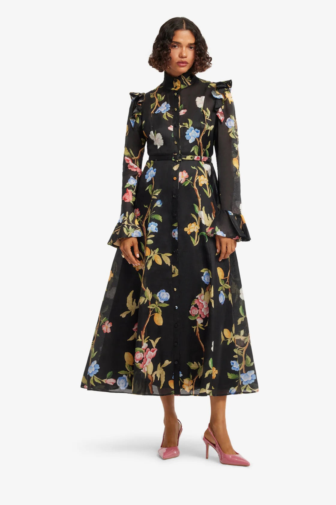 Leo Lin Katrina Butterfly Sleeve Midi Dress - Lemon Vine Print in Ebony