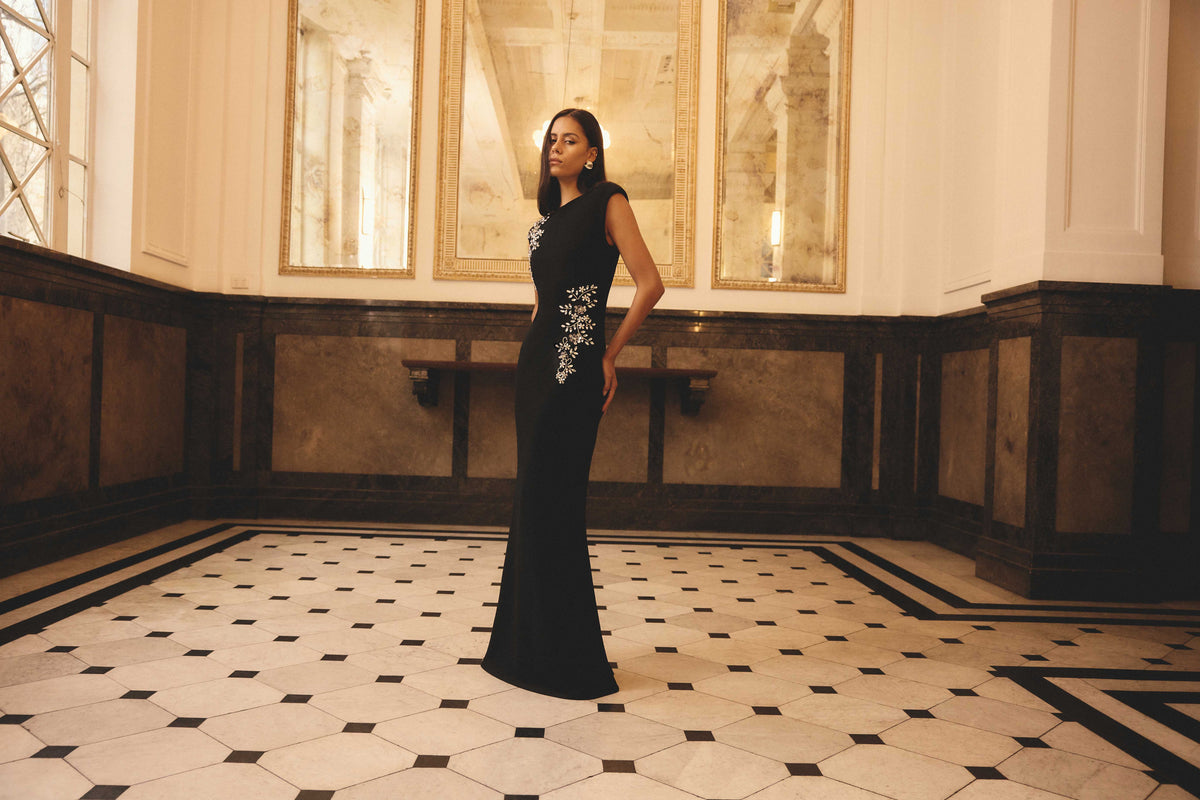 Elliatt Veda Boatneck Sequin Gown - Black