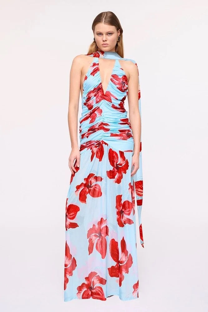 Suboo Chloe Floral Halter Mesh Maxi Dress - Blue & Pink