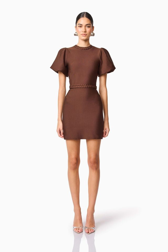 Elliatt Floriana Puff Sleeve Mini Dress - Brown