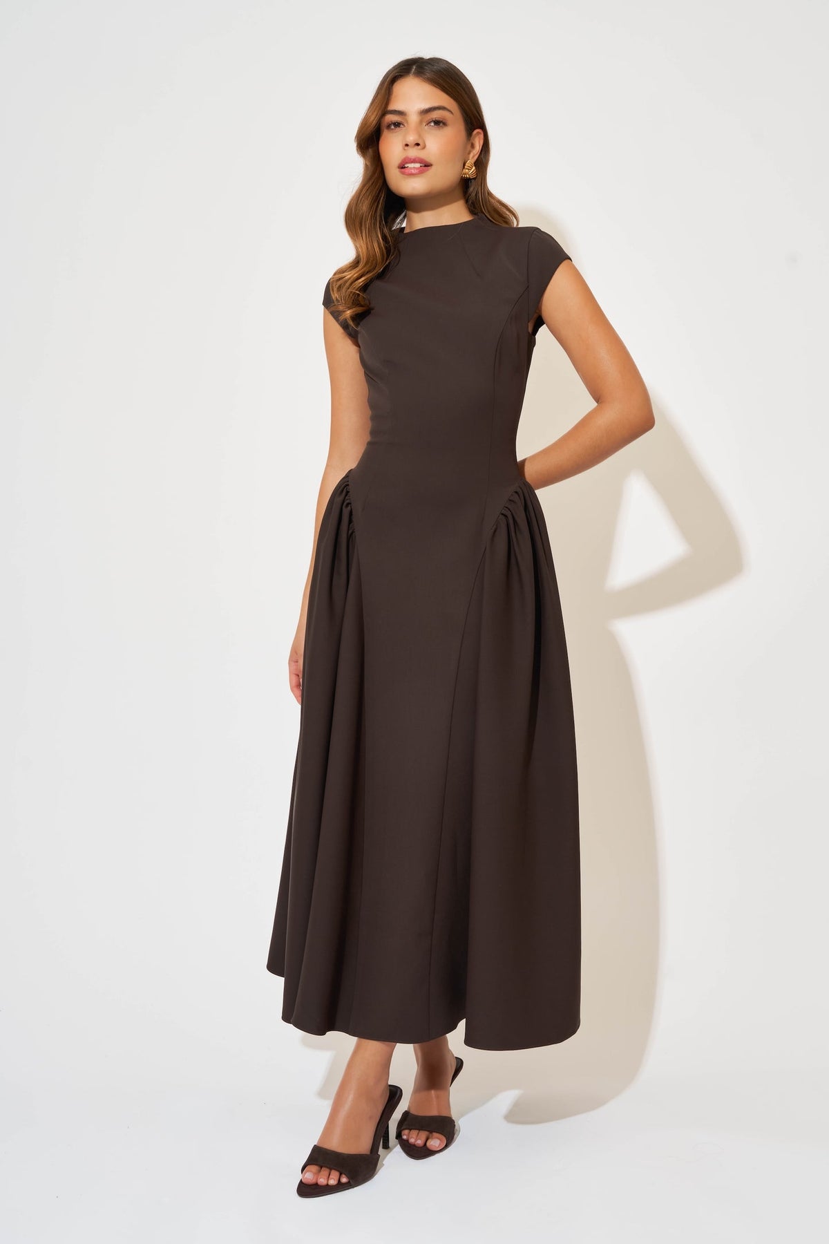 Odd Muse The Ultimate Muse Cap Sleeve Midi Dress- Brown