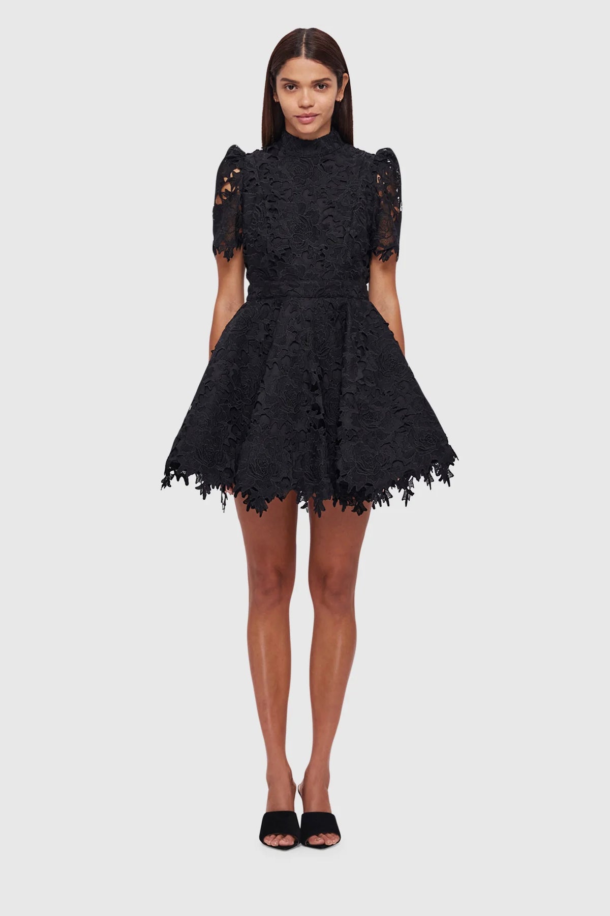 Leo Lin Elise Lace Short Sleeve Mini Dress Ebony – Dress Hire AU