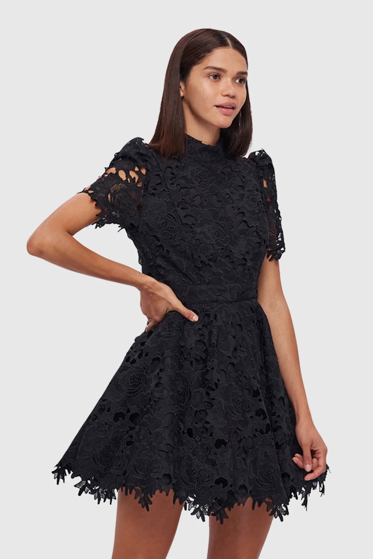 Leo Lin Elise Lace Short Sleeve Mini Dress - Ebony - Dress Hire AU Leo Lin Elise Lace Short Sleeve Mini Dress - Ebony - Dress Hire AU