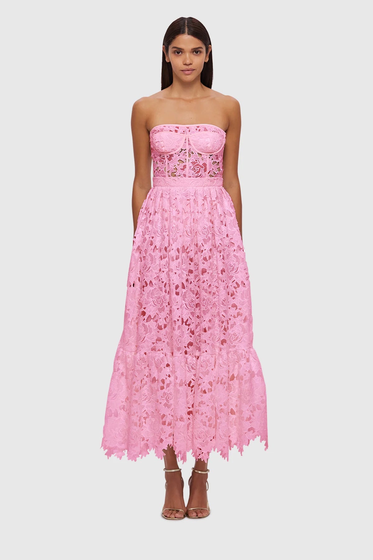 Leo Lin Emilia Lace Bustier Midi Dress - Candy Pink - Dress Hire AU Leo Lin Emilia Lace Bustier Midi Dress - Candy Pink - Dress Hire AU