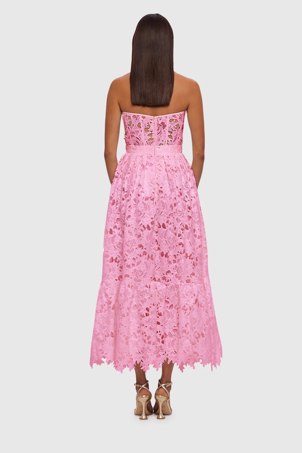 leo lin pink lace dress Odette floral lace midi dress in pink - Leo Lin