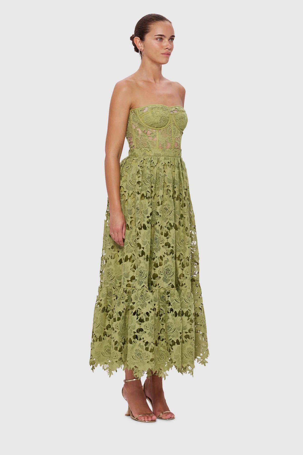 Leo Lin Emilia Lace Bustier Midi Dress - Olive - Dress Hire AU Leo Lin Emilia Lace Bustier Midi Dress - Olive - Dress Hire AU
