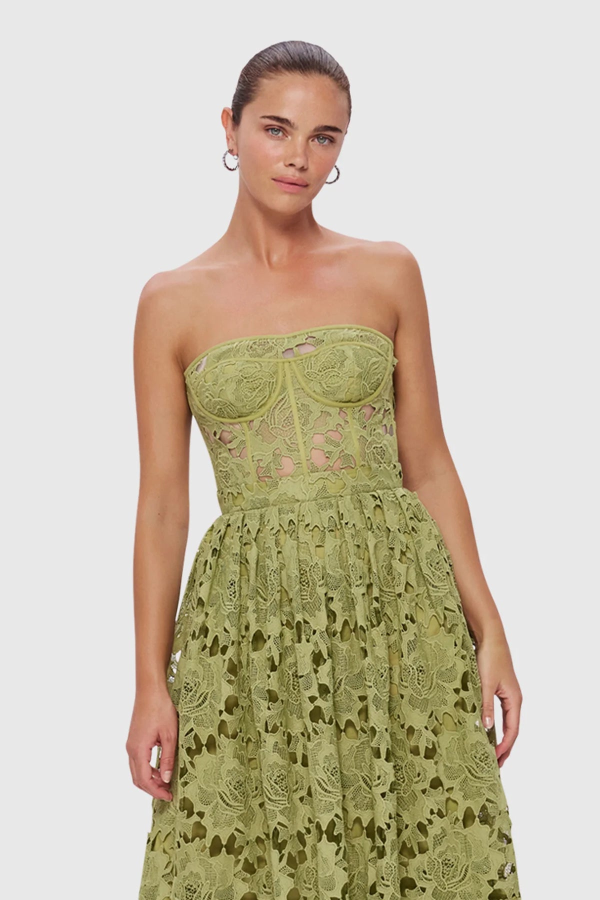 Leo Lin Emilia Lace Bustier Midi Dress - Olive - Dress Hire AU Leo Lin Emilia Lace Bustier Midi Dress - Olive - Dress Hire AU