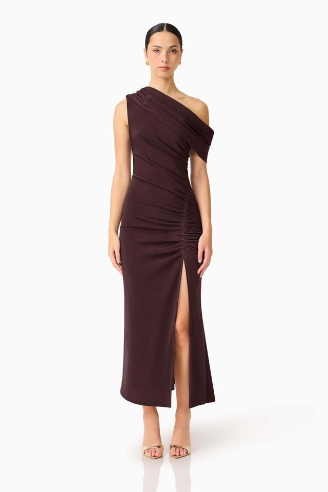 Elliatt Simone One Shoulder Maxi Dress - Chocolate Brown