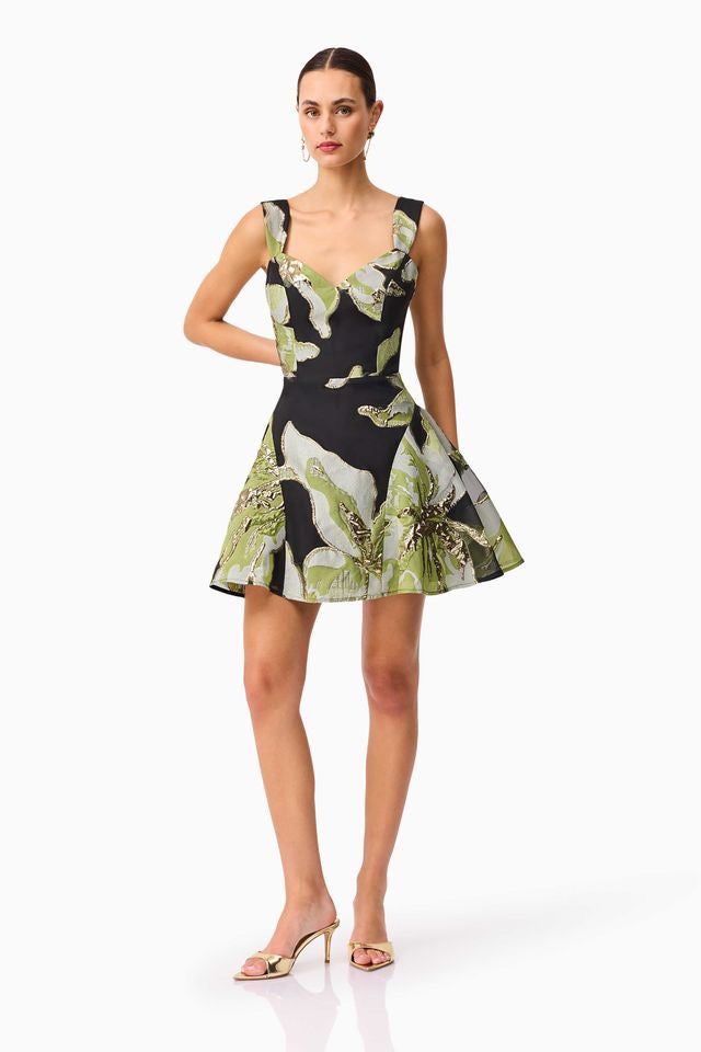 Elliatt Elysia A Line Mini Dress - Black & Green Floral - Dress Hire AU Elliatt Elysia A Line Mini Dress - Black & Green Floral - Dress Hire AU
