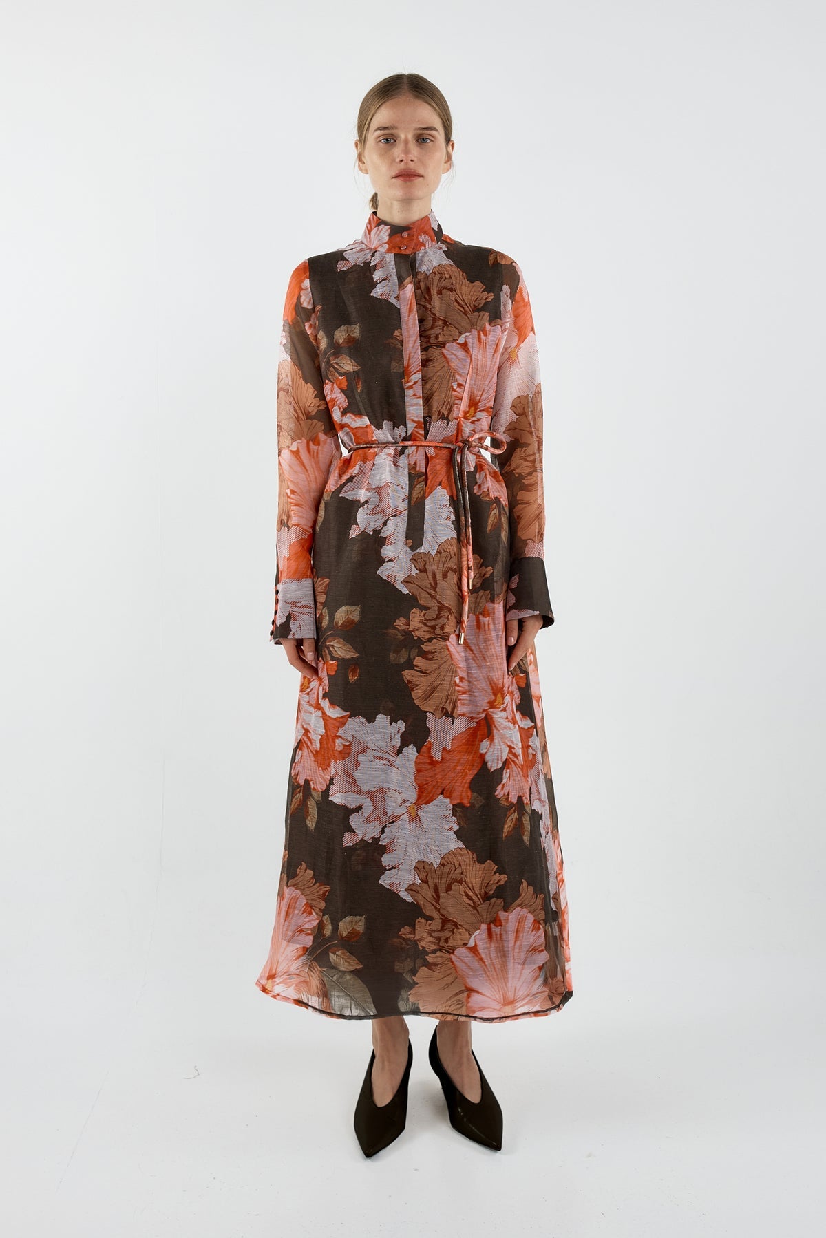 Sofia Irina Iris Bell Sleeve Shirt Dress - Chocolate & Pink Floral