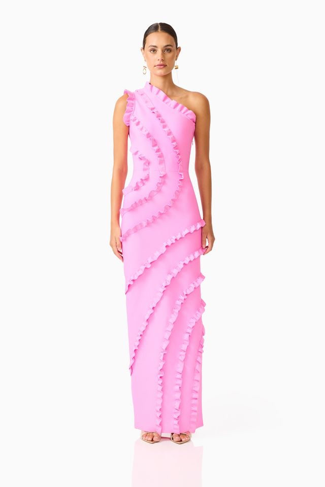 Elliatt Orelia Asymmetrical Ruffle Gown - Candy Pink