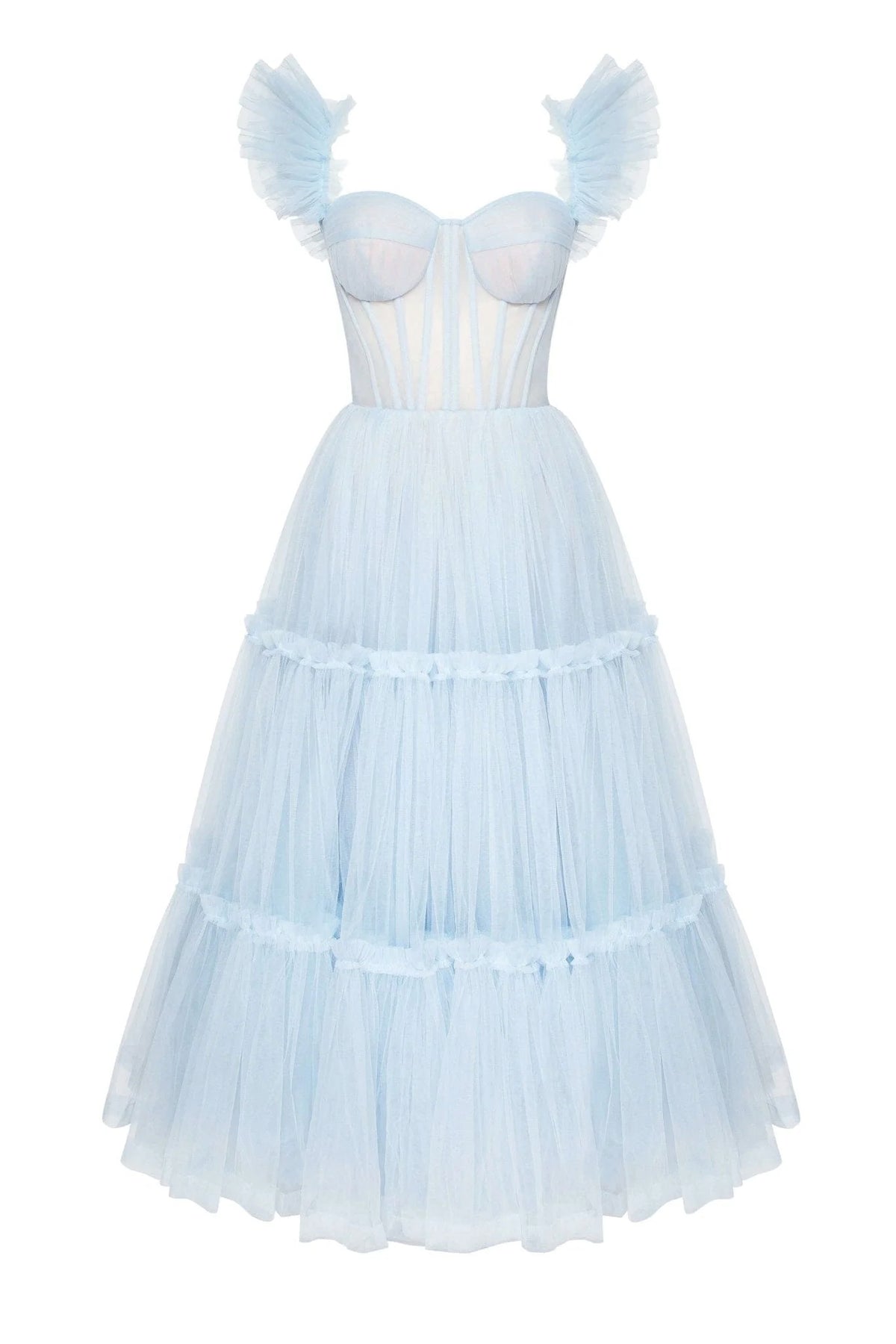 Milla Ruffled Tulle Midi Dress - Light Blue