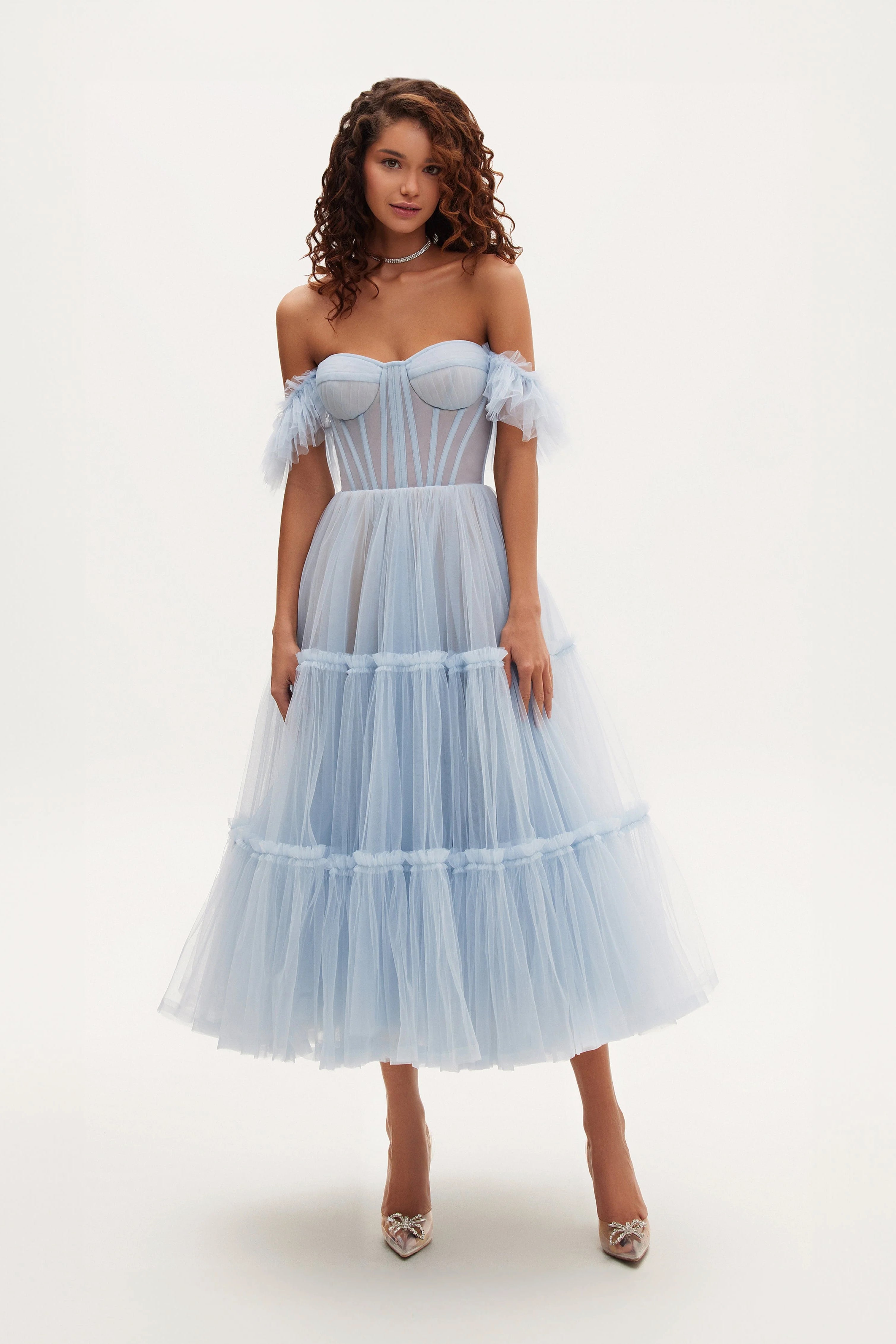 Milla Ruffled Tulle Midi Dress Light Blue