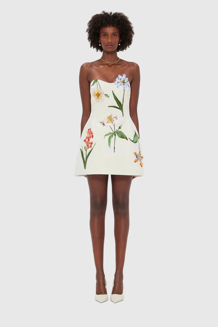 Leo Lin Rosario Velvet Mini Dress - Botanical Print in Snow