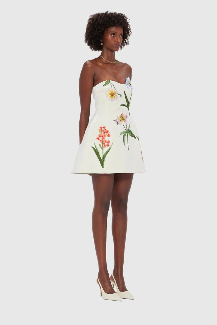 Leo Lin Rosario Velvet Mini Dress - Botanical Print in Snow