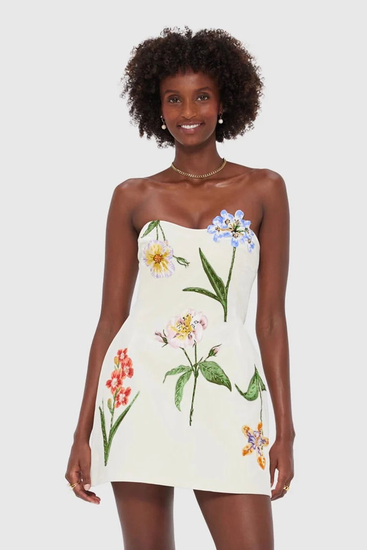 Leo Lin Rosario Velvet Mini Dress - Botanical Print in Snow